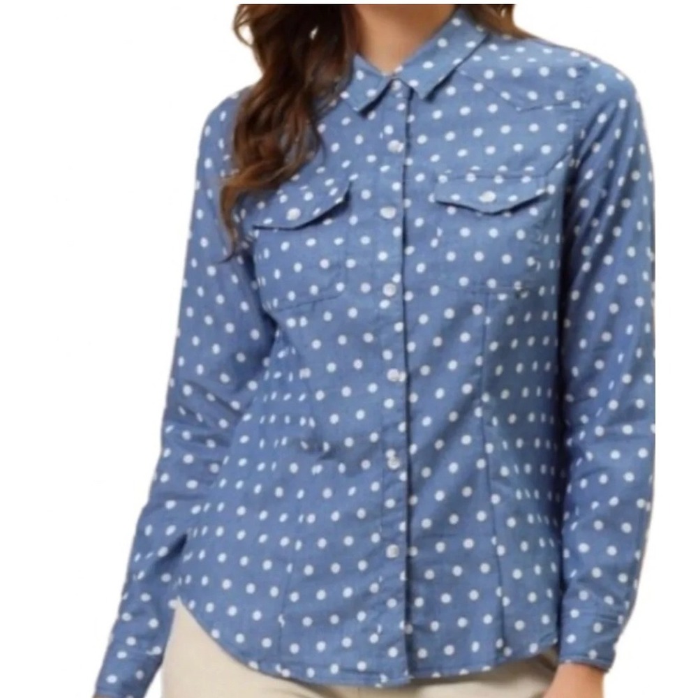 Talbots Blue White Polka Dot Cotton Button Down Shirt Long Sleeve Womens M‎